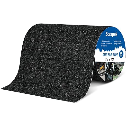 Heavy Duty 8in x 20ft Black Anti Slip Tape, 80 Grit Waterproof Non Skid Grip Tape Roll for Stairs, Ramps, Decks, Boat Decks, Floors, Warehouses & Outdoor Use