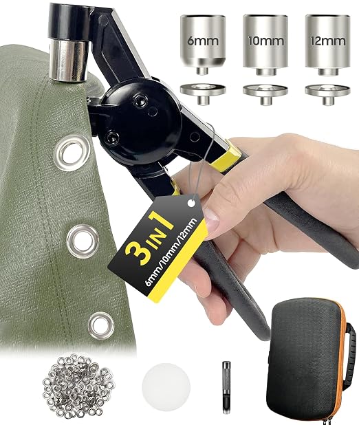 HAPDEN Grommet Tool Kit 1/2 1/4 3/8, Heavy Duty Tarp Grommet Kit for Fabric | 6/10/12MM Eyelet Punch Took Kit With Bag, Metal Eyelet and Grommet Maker for Tarps,Leather, Banners, Flag,Ring,Tents, Vinyl