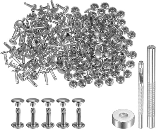 HARFINGTON 100 Sets Leather Rivets 10 x 7mm Metal Double Cap Rivet Snaps Studs Fasteners with 3pcs Setting Tools Rivets for Leather Craft DIY Repair Decoration, Silver Tone