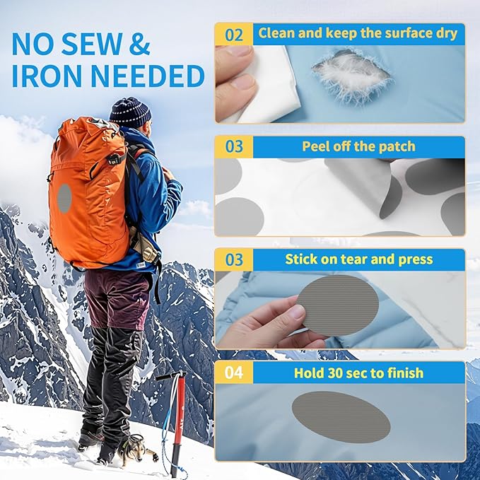 Waterproof Nylon Fabric Repair Tape Tent Repair Kit, 4pcs Outdoor Gear Tenacious Fix Tape, Self-Adhesive Fabric Patches for Clothes, Down Puffer Jacket, Tent, Sleeping Bag, Backpack, LightGray