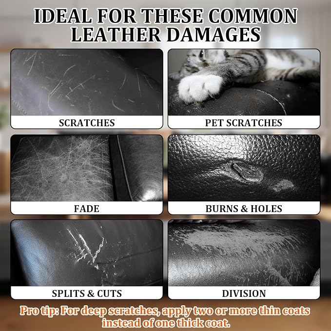 Car Leather Repair Kit for Furniture, Vinyl Repair Kit for Car Interiors Seat, Leather Filler, Fixes Tears, Holes, Scratches and Peeling, Restores Faux, Artificial, and Genuine Leather (Black)