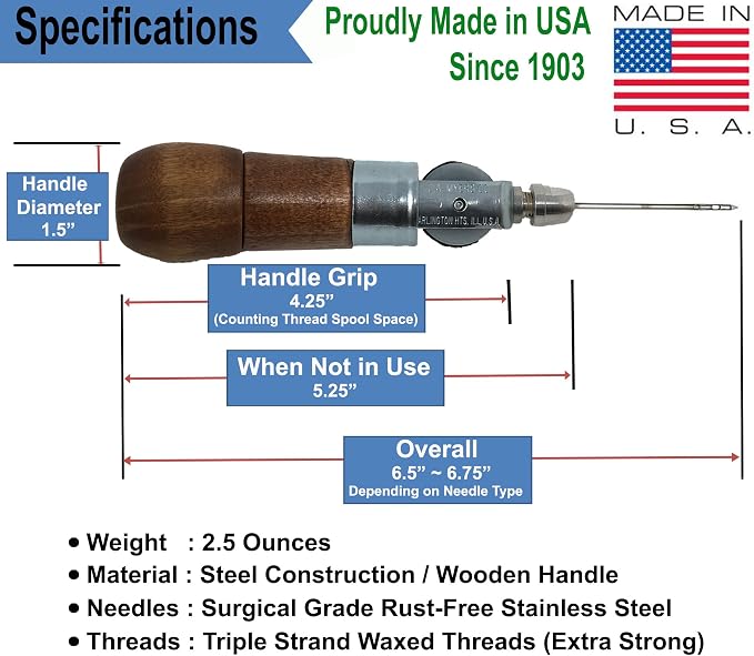 Repair Stitch Tool | Sewing Awl for Bounce Houses, Inflatables, Leather, Thick Fabric, Shoes, Bags, Belt, Upholstery Repair Kit & Crafts Leather, Tarp Stitching – Made in USA. Professional Heavy Duty