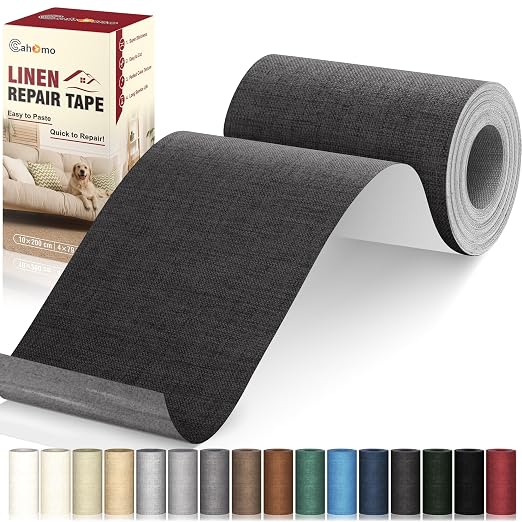 Cahomo Linen Repair Tape 4x79 inch, Self Adhesive Linen Fabric Tape, Linen Fabric Patch Tape Kit, Fabric Repair Tape for Sofas, Headboards, Chairs, Curtains - Black Grey