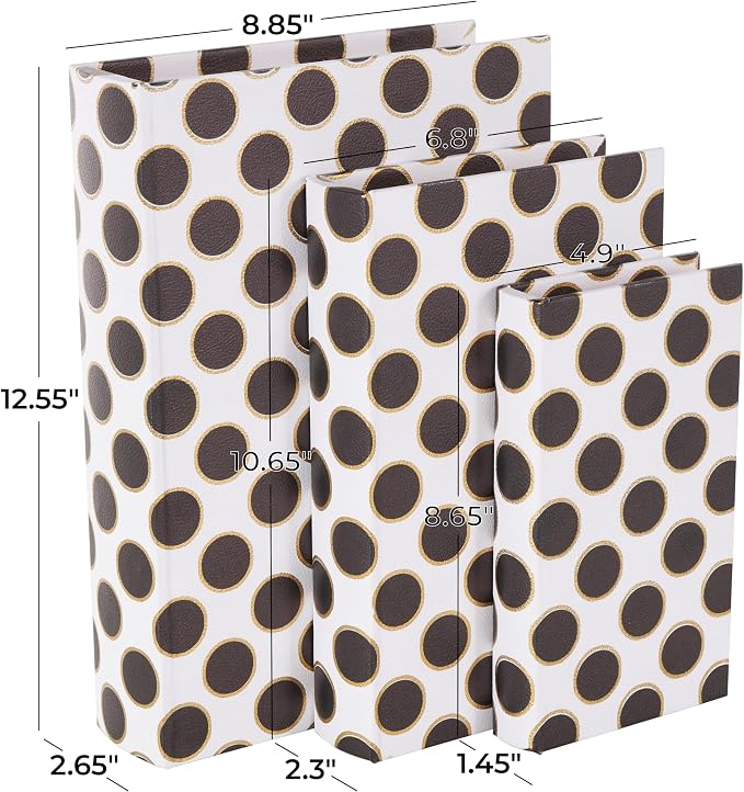 Deco 79 Faux Leather Decorative Box Faux Book Storage Book Shaped Boxes with Black and Gold Circle Patterns, Set of 3 Decorative Keepsake Boxes 13", 11", 9"H, White