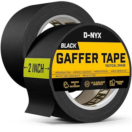 D-NYX Gaffer Tape 2 Inch x 2 Pack Black Gaff Tapes, Heavy Duty No Residue, Matte Finish, Non-Reflective, Multipurpose Waterproof Strong Fabric Tape
