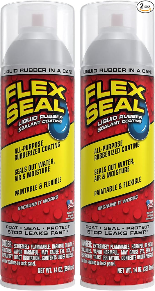 Flex Seal, 14 oz, 2-Pack, Clear, Stop Leaks Instantly, Transparent Waterproof Rubber Spray On Sealant Coating, Perfect for Gutters, Wood, RV, Campers, Roof Repair, Skylights, Windows, and More