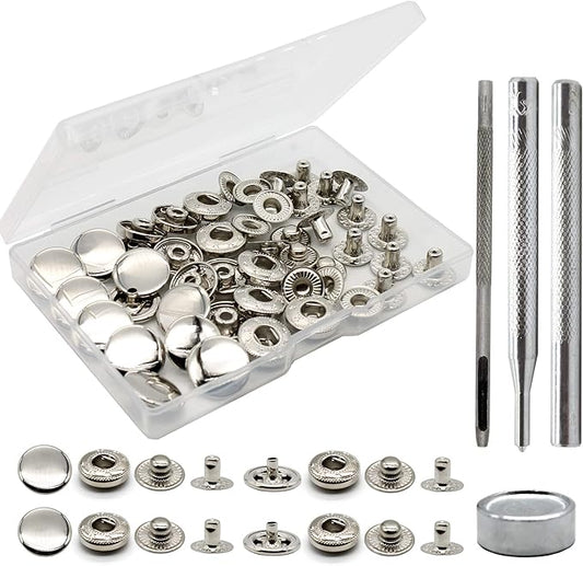 Raydodo 12 Set Leather Snap Fasteners Kit, 15mm Metal Snap Buttons Kit Press Studs with 4 Install Tools, Rivets and Snaps for Clothing, Jeans, Jackets, Bracelets, Bags (Silver)