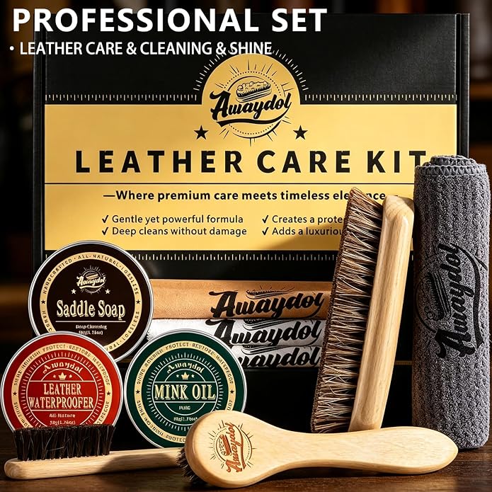 11 PCS Leather Care Kit - Horsehair Brushes,Saddle Soap,Waterproofing Wax,Mink Oil Conditioner,Polishing Cloth,Microfiber cloth,Boot Shoe Shine Cleaning Kit Gift for Men Cowboy Husband Dad ﻿