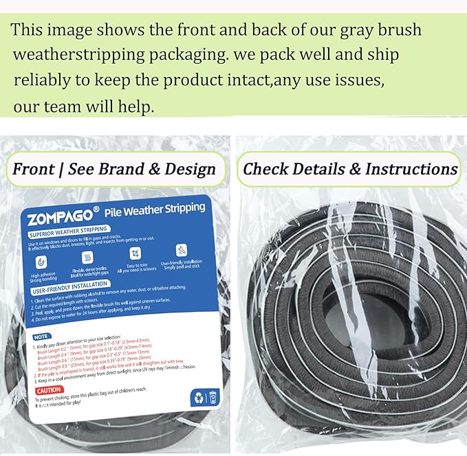 ZOMPAGO Strong Adhesive Brush Weather Stripping 0.9in (T）x 0.4in (W) x 33FT, Grey, Door Seal for Sliding Windows & Doors, Soundproof Noise Blocker, Draft Stopper for Garage Door Frame & Exterior Doors