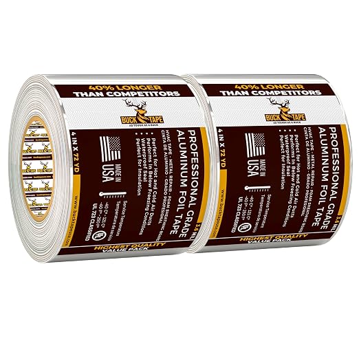 2 Pack Buck Aluminum Foil Tape – 4 Inch x 216ft (72 yd), 3.6 Mil – HVAC Tape for Ductwork, AC, Dryer Vents & Insulation – Silver Foil Tape for Metal Repair, Exhaust Sealing & Air Conditioning