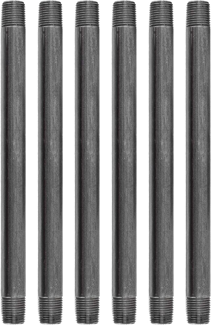 PIPE DÉCOR 1/2” x 11” Malleable Cast Iron Pipe Nipple, Pre-Cut Connectors, Industrial Steel Grey Fits Standard Half Inch Black Threaded Pipes Nipples and Fittings, Build Vintage DIY Furniture, 6 Pack