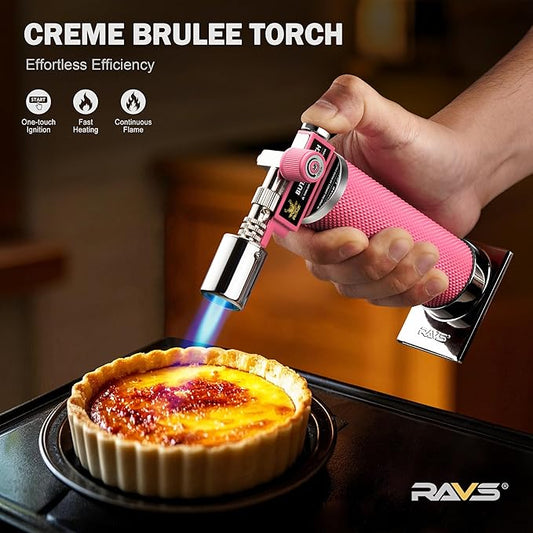 RAVS Butane Torch, Premium Metal Pink Torch Lighter with Adjustable Flame & Safety Buckle, Food Torch for Baking, BBQ, Desserts, Unique Gifts for Women, Butane Fuel Not Included