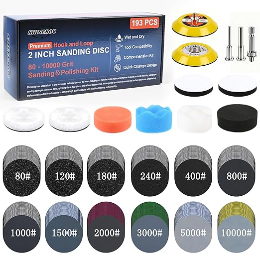 193Pcs 2 Inch Polishing Kit Hook and Loop Sanding Discs, Headlight Restoration Kit - 80 to 10000 Grits Wet Dry Sandpaper Buffing Sanding Pads with 1/4" 1/8" Shank, for Metal, Wood, Auto, Glass