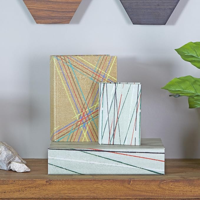 Deco 79 Faux Leather Abstract Decorative Box Faux Storage Book Book Shaped Boxes with Colorful Linear Patterns, Set of 3 Decorative Keepsake Boxes 12", 9", 6"H, Green