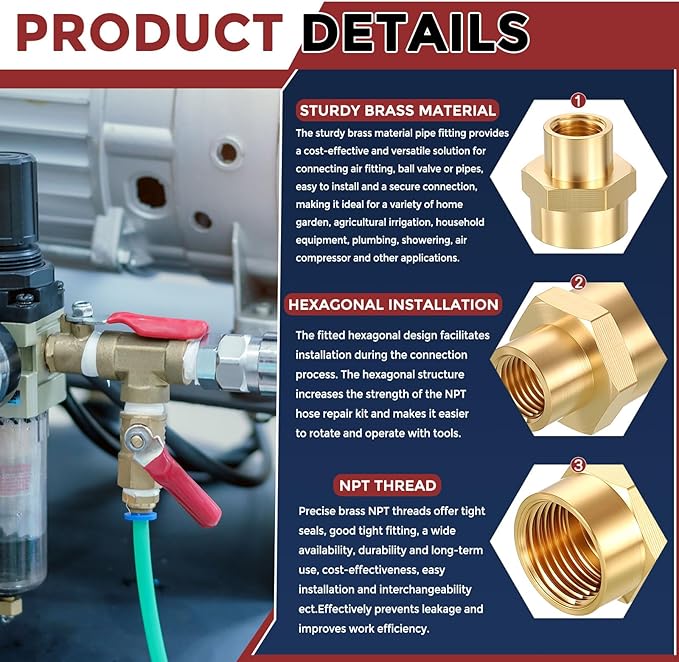 Pack of 6, 3/8" NPT FeMale to 3/8" NPT FeMale Solid Brass Pipe Fitting Coupler, Brass Coupling Hose Fittings Adapter for Pipe Leak Repair, Bathroom Remodeling, Tool Extensions