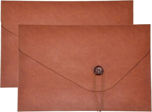 PATIKIL 2Pcs Leather Folder, 14x10 Leather Document Holder File Folder PU Pouch Bag Portfolio File Organizer Button Personal Envelope Waterproof for Traveling Office Men Gift, Brown