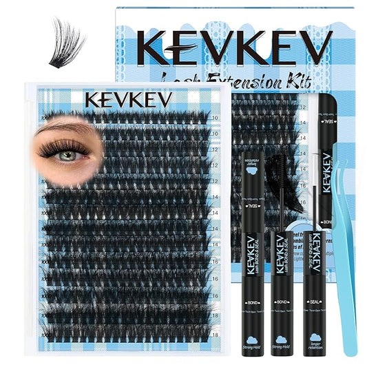 KEVKEV Lash Extension Kit 280pcs Volume Lash Clusters 100D Lash Clusters Kit 10-18mm Individual Lashes Kit With Lash Bond And Seal,Lash Tweezers Thick Lash Extension Kit DIY At Home(0.05D,100DD)