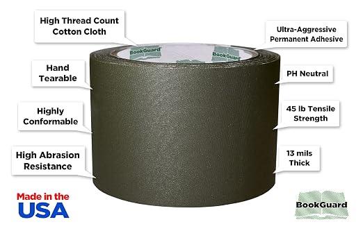 BookGuard 3 inch Premium Bookbinding Repair Cloth Tape, 15 Yard Roll, Olive