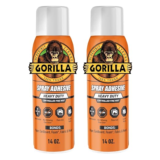 Gorilla Heavy Duty Spray Adhesive, Multi Purpose & Repositionable, Clear, 14 oz (Pack of 2) Bonds Paper, Cardboard, Foam, Fabric, Photo Safe, Non-Yellowing, Indoor & Outdoor