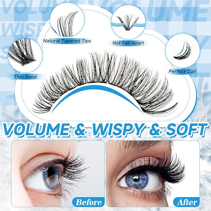 Lash Extension Kit 280Pcs Lash Clusters 40D+50D Eyelash Clusters Kit Individual Lashes With Lash Bond and Seal Tweezers For DIY Lashes (40D+50D,9-16mm)