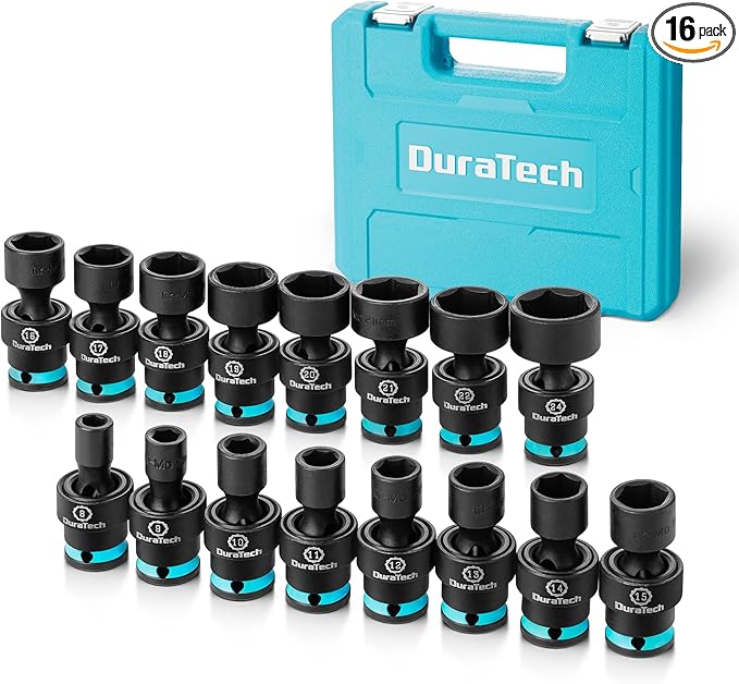 DURATECH 3/8" Drive Impact Swivel Socket Set, 16 Pieces Shallow Universal Impact Socket Set with Flexible Wobble, Metric, Cr-Mo Steel, 6 Points, Organized in Sturdy Storage Case(8-24mm)