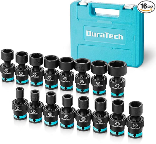 DURATECH 3/8" Drive Impact Swivel Socket Set, 16 Pieces Shallow Universal Impact Socket Set with Flexible Wobble, Metric, Cr-Mo Steel, 6 Points, Organized in Sturdy Storage Case(8-24mm)