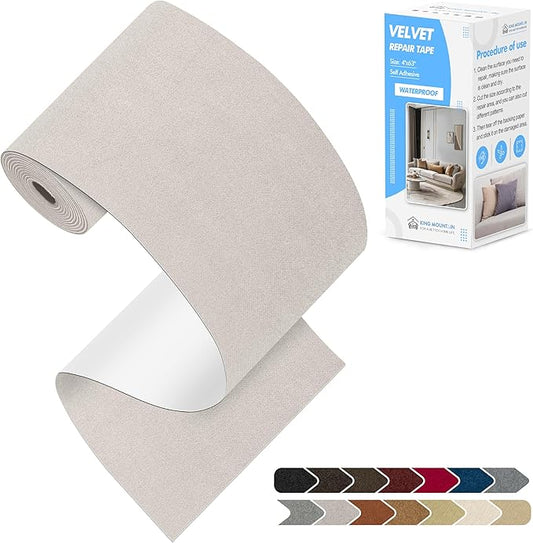 KING MOUNTAIN Couch Fabric Repair Patch, Fabric Patches for Furniture, 4" x 63" Waterproof Velvet Repair Tape for Sofas, Car Seats, Furniture, Upholstery Fabrics and Velvet Goods. （Light Gray）