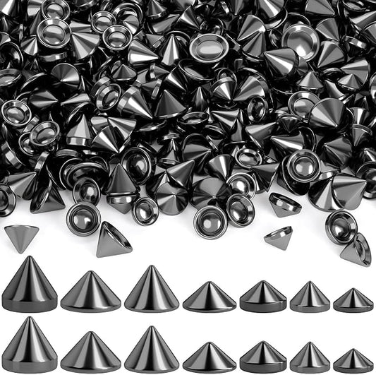 OIIKI 140PCS ABS Bullet Spike Cone Studs, 7 Styles Rivets Cone Spike Studs Beads, Flat Back Punk Spikes DIY Crafts Studs Glue on Decoration for Leather Clothes Belt Bags Jewelry Trims - Black