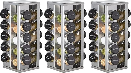 Kamenstein 20 Jar Heritage Revolving Countertop Spice Rack Organizer with Spices Included, FREE Spice Refills for 5 years, Brushed Stainless Steel with Black Caps (Pack of 3)
