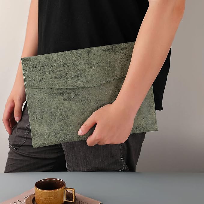 PU Leather A4 File Folder Document Holder Waterproof Portfolio Envelope Folder Case with Snap Closure Army-Green
