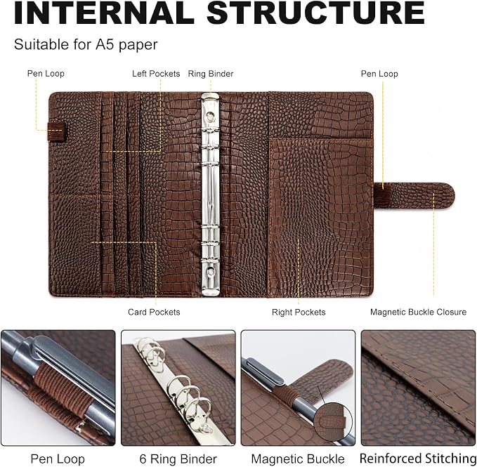 Convend A5/A6 Refillable 6 Ring Binder Cover, Crocodile-Embossed PU Leather with Magnetic Closure, Premium Look and Feel, Compatible with Standard Planner Inserts,(Brown)