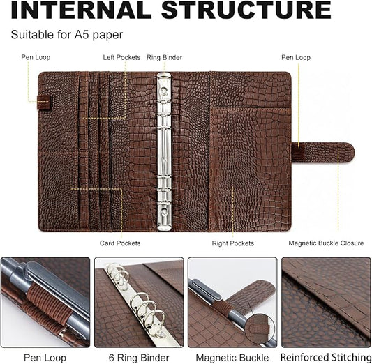 Convend A5/A6 Refillable 6 Ring Binder Cover, Crocodile-Embossed PU Leather with Magnetic Closure, Premium Look and Feel, Compatible with Standard Planner Inserts,(Brown)
