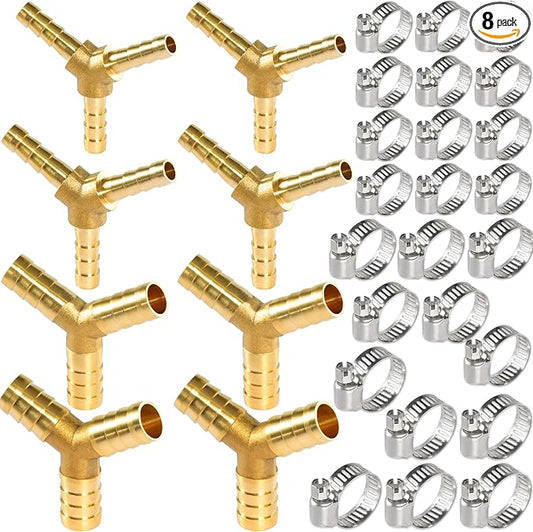 Brass Hose Y Shaped 3 Way Barb Fitting 1/4" 5/16" 3/8" 1/2" Splicer Mender Assortment Kits with Stainless Steel Pipe Clamps air hose repair kit for Pipe Line/Fuel/Air