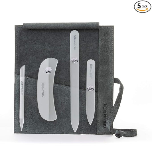 GERMANIKURE Gray Crystal Glass Nail File Set in Light Gray Suede Case – Handmade in Czech Republic – Professional Manicure & Pedicure Supplies – Glass Cuticle Stick, Pusher, Moon File