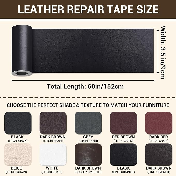 Self Adhesive Leather Repair Patch, Leather Patches for Furniture, Leather Repair Tape for Couch Sofa Car Seat Chair Furniture Repair, Leather Repair Kit (Dark Brown-Litchi Grain, 3.5X60 Inch)