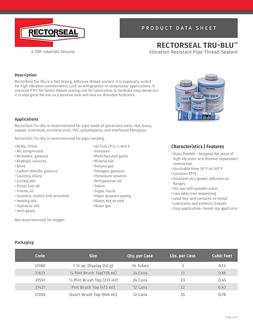 RectorSeal Tru-Blu 31631 Pipe Thread Sealant, Fast-Dry, PTFE Enriched, Plumbing, Designed for high Vibration environments and Thermal Expansion/Contraction, 1/4 Pint