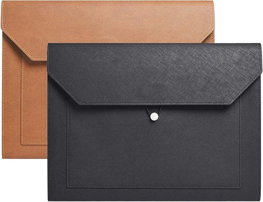 PU Leather A4 File Folder Document Holder 2 Pockets Portfolio Envelope Folder Case with Elastic String 3/4 Inch Expansion (Black&Brown)