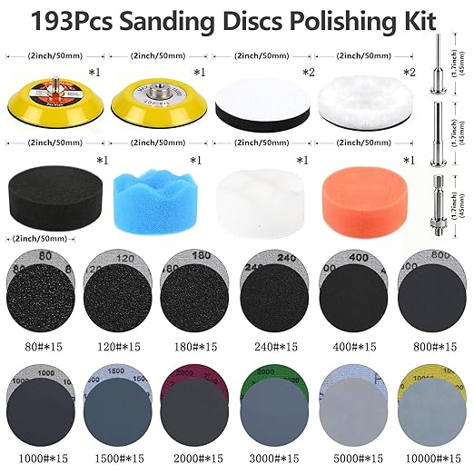 193Pcs 2 Inch Polishing Kit Hook and Loop Sanding Discs, Headlight Restoration Kit - 80 to 10000 Grits Wet Dry Sandpaper Buffing Sanding Pads with 1/4" 1/8" Shank, for Metal, Wood, Auto, Glass