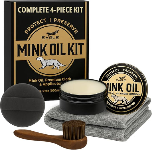 4-in-1 Mink Oil Leather Conditioner Kit – 3.52oz Waterproof Paste with Horsehair Brush, Sponge & Microfiber Cloth – Leather Cleaner & Protector for Boots, Shoes, Jackets, Saddles & Bags