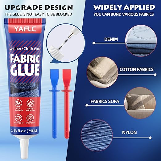 YAFLC Fabric Glue Permanent, Fabric Glue for Patch, Clear Fabrics Adhesive for Clothing Permanent Washable for All Cotton, Denim, Flannel, Polyester 2 x 75 ml