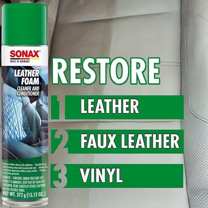 SONAX Leather Foam 289300 | 2 in 1 Aerosol Leather Cleaner and Conditioner | Safe to Use on Perforated Air Conditioned/Heated Seats | UV Protection Prevents UV Damage | 13.02 oz