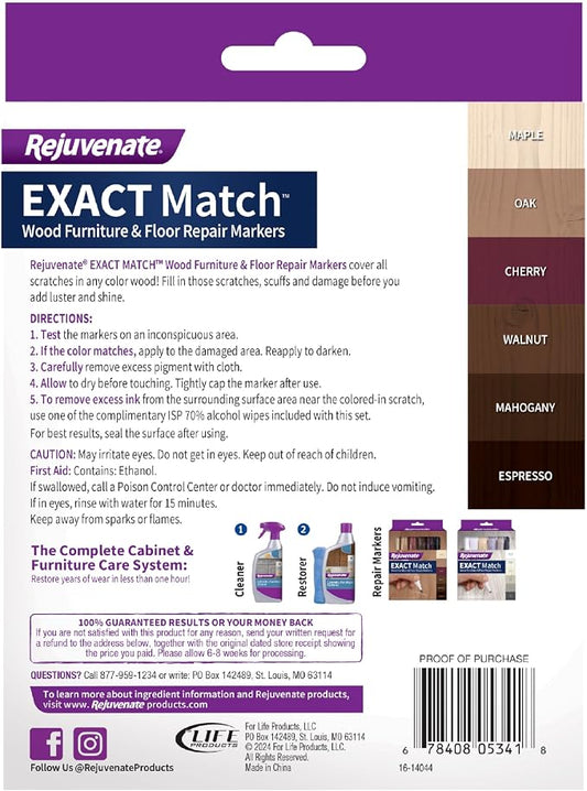 Rejuvenate Exact Match Wood Furniture & Floor Repair Markers, 6 Count, Brown Markers Cover All Scratches, Scuffs And Damage To Wood Furniture And Flooring