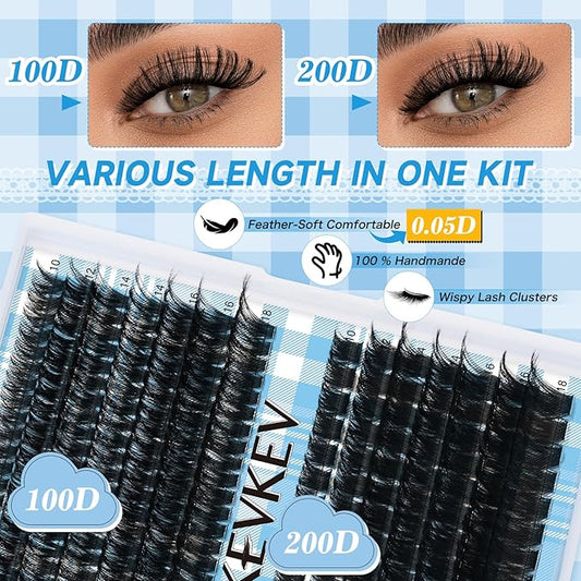 KEVKEV Lash Clusters Kit 231Pcs Volume Lash Clusters Thick Lash Extension Kit 100D+200D Individual Lashes With Lash Bond and Seal Tweezers For DIY Lashes (0.05D,10-18mm)