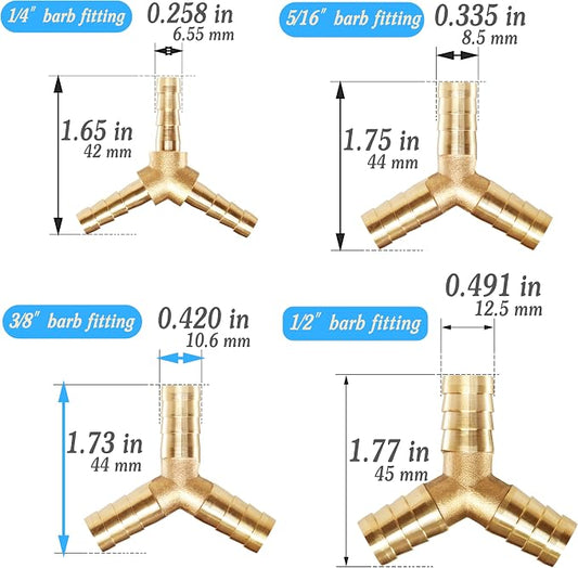 Brass Hose Y Shaped 3 Way Barb Fitting 1/4" 5/16" 3/8" 1/2" Splicer Mender Assortment Kits with Stainless Steel Pipe Clamps air hose repair kit for Pipe Line/Fuel/Air