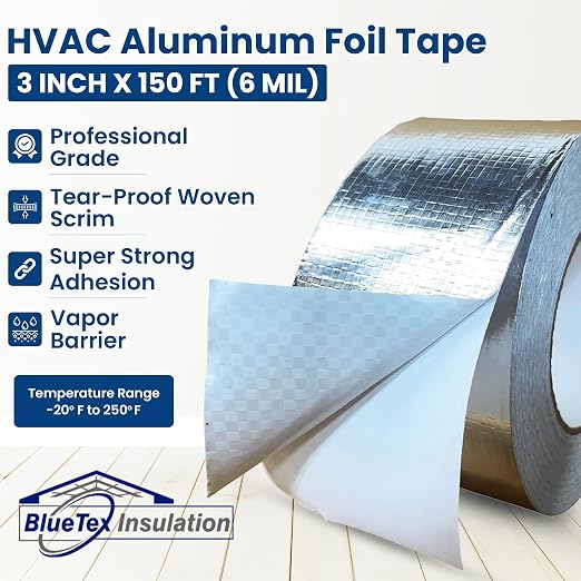 BlueTex Insulationㅤ HVAC Aluminum Foil Tape 3 inch x 150 ft (6 mil), Professional Grade Silver Duct Tape Metallic, Tear-Proof HVAC Tape, Heavy Duty, for Ductwork, Dryer Vent & Insulation - 16 Rolls
