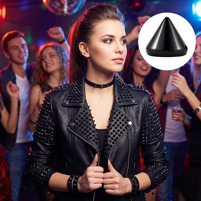 OIIKI 100 PCS 8mm ABS Bullet Spike Cone Studs, Glossy Black | Rivets Cone Spike Studs Beads, Flat Back Punk Spikes DIY Crafts Studs Glue on Decoration for Clothing Leather Belt Bag Trims