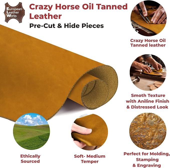 ELW Crazy Horse Leather 5-6 OZ (2-2.4mm) | Tobacco Brown | Pre-Cut 10"x24" 2 PCS | Full Grain Cowhide Handmade Leather for DIY, Crafts, Sheaths, Sewing, Workshop