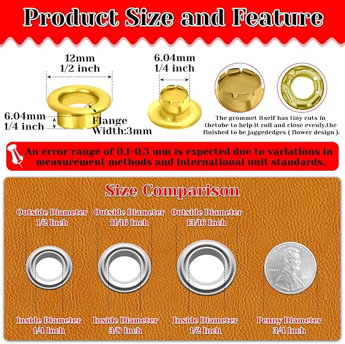 803Pcs Grommet Eyelet Pliers Kit, 1/4 Inch Grommet Tool Kit with 800 Metal Eyelets, Grommet Hand Press kit for Leather Crafts(Inside Dia: 6.4mm/Outer Dia: 12mm (A.I.S.)/Flange Width: ~3mm)