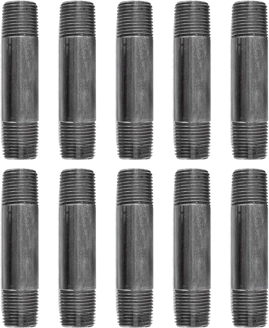 PIPE DÉCOR 1/2" x 3.5" Malleable Cast Iron Pipe Nipple, Pre Cut Connectors, Industrial Steel Grey Fits Standard Half Inch Black Threaded Pipes Nipples and Fittings, Vintage DIY Furniture, 10 Pack