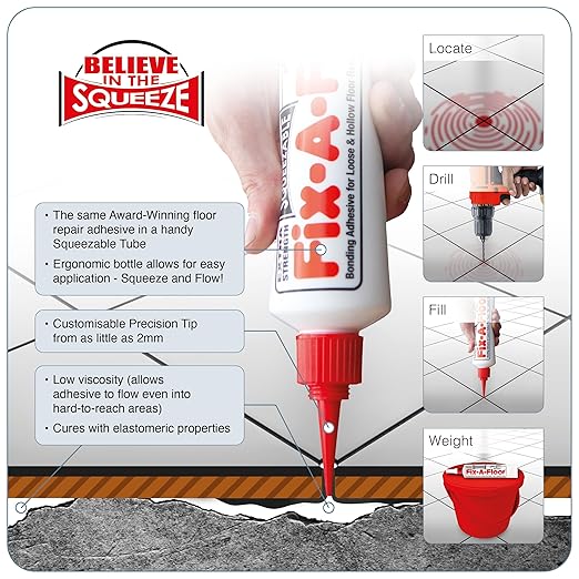 The Original Fix-A-Floor Squeezy All-in-One Repair Adhesive for Loose, Hollow, Creaky Tiles & Wood. Just Drill & Fill! Easy Squeezy! Made in The USA!
